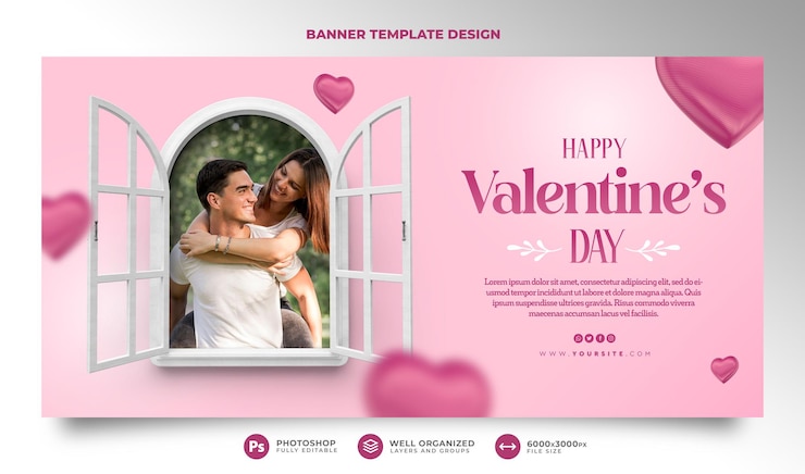 PSD banner de feliz día de san valentín en render 3d con ventana realista