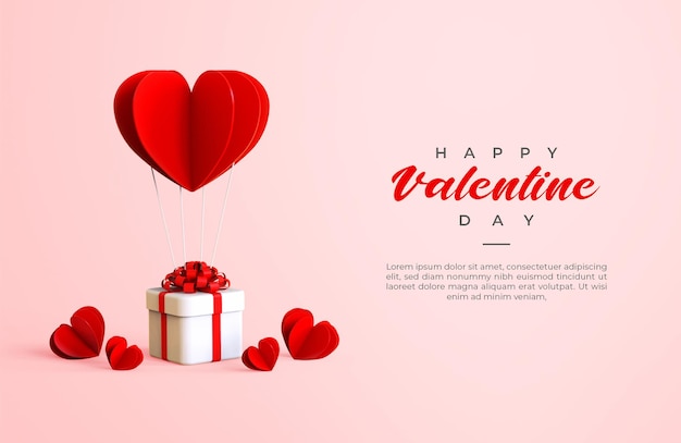 Banner de feliz día de San Valentín con renderizado de objetos 3d