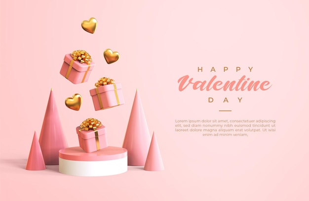 Banner de feliz día de San Valentín con renderizado de objetos 3d
