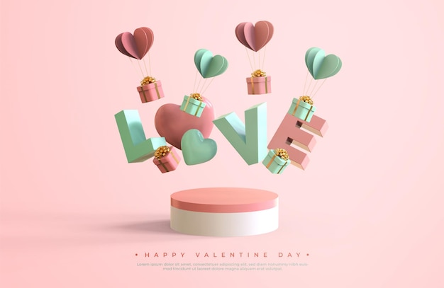 Banner de feliz día de San Valentín con renderizado de objetos 3d