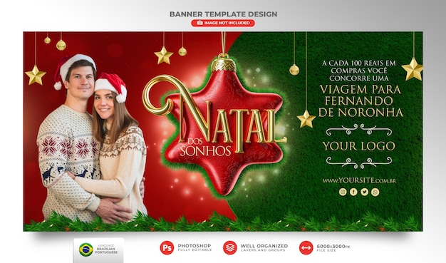 PSD banner feliz natal em português 3d render para campanha de marketing no brasil template design