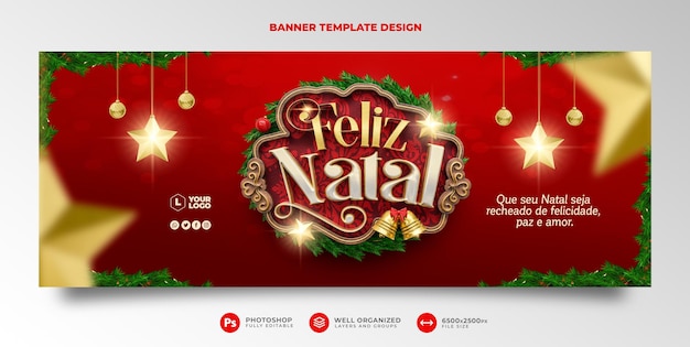 PSD banner feliz natal em renderização 3d em português para marketing no design de modelo do brasil