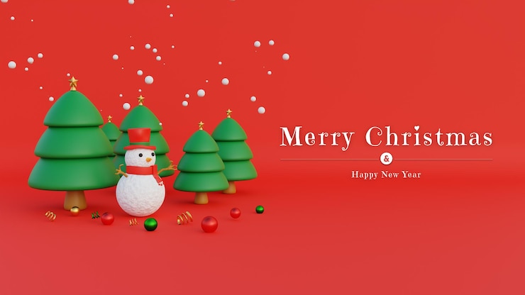 PSD banner de feliz navidad con sombrero de copa de muñeco de nieve y nieve en los árboles