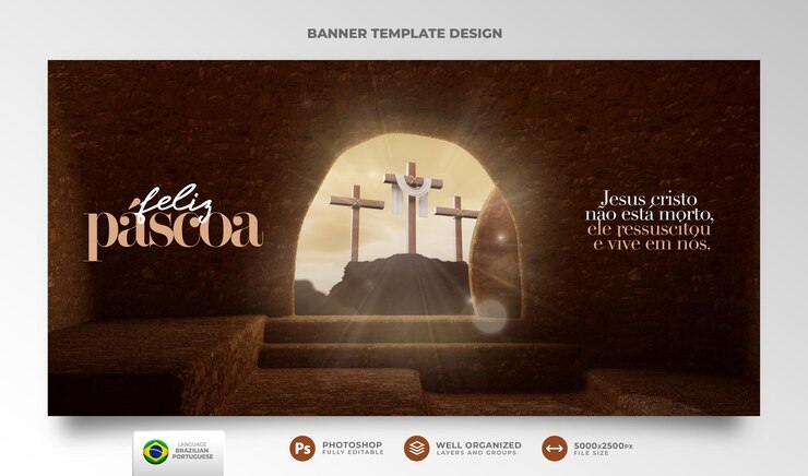PSD banner feliz pascua para el cristianismo en portugués 3d render