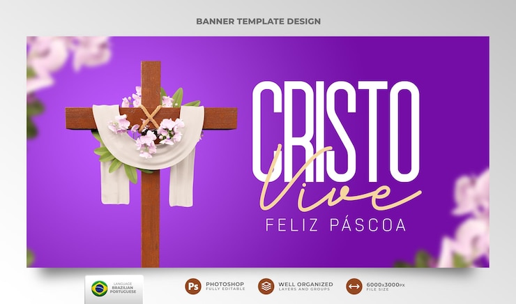 PSD banner feliz pascua para el cristianismo en portugués 3d render