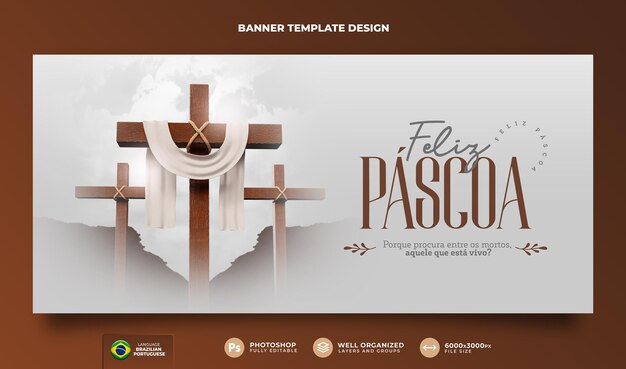 PSD banner feliz pascua para el cristianismo en portugués 3d render