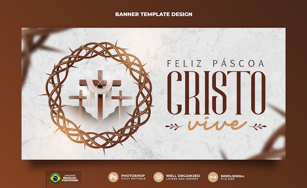PSD banner feliz pascua para el cristianismo en portugués 3d render
