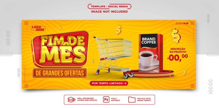 Banner de fin de mes en redes sociales de grandes ofertas para supermercados
