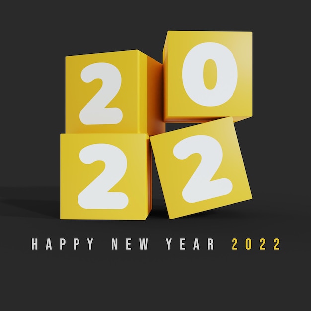 Banner de fondo 3d feliz año nuevo 2022 con cubo amarillo