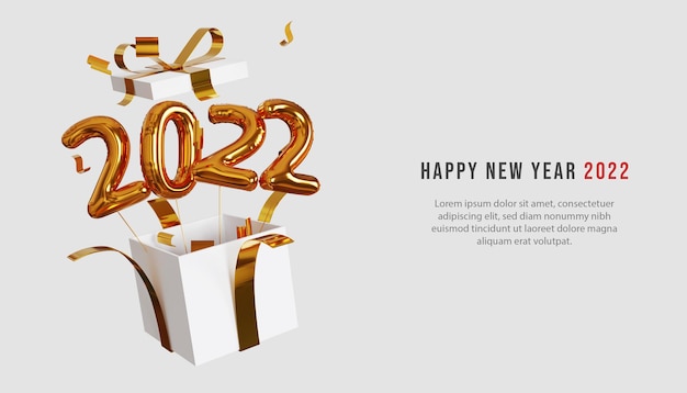 Banner de fondo 3d feliz año nuevo 2022 con número dorado y caja de regalo