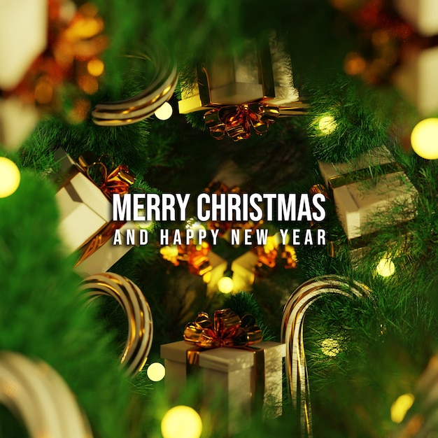 Banner de fondo de feliz navidad 3d con árbol y caja de regalo