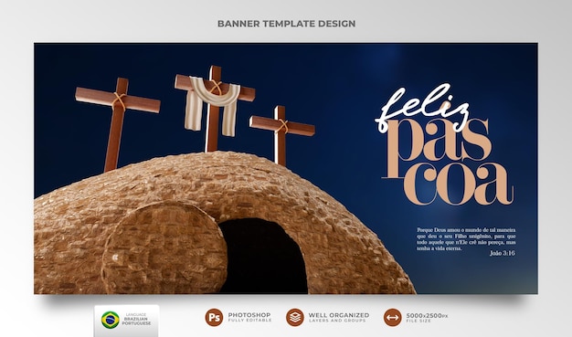 Banner frohe ostern für das christentum in portugiesischer 3d-darstellung