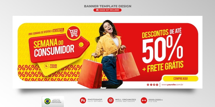 PSD banner für consumer week e-commerce im brasilianischen portugiesisch template design 3d-rendering