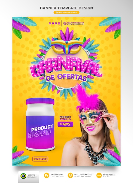 Banner für den karneval von angeboten in brasilien in 3d für marketingkampagnen auf portugiesisch