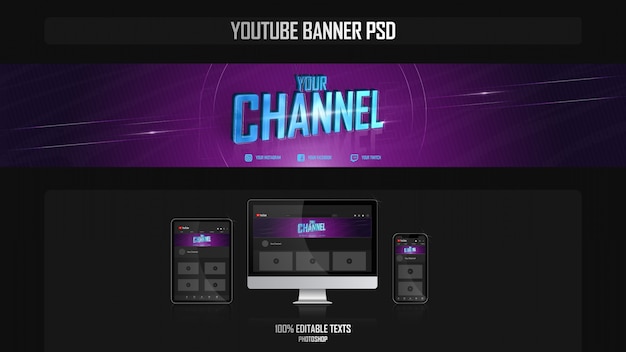 PSD banner für youtube-kanal mit spielerkonzept