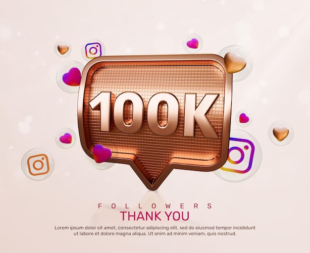 PSD banner gold 3d 100k seguidores gracias con iconos de instagram