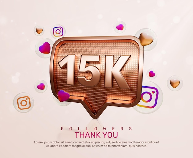 PSD banner gold 3d 15k seguidores obrigado com ícones do instagram