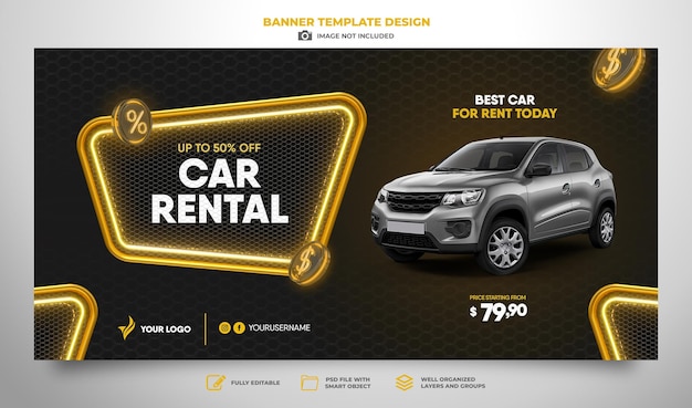 PSD banner grande oferta de aluguel de carros em design de modelo de renderização 3d