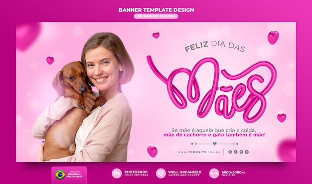 Banner happy mother's day in portugiesischer 3d-darstellung für marketingkampagne in brasilien