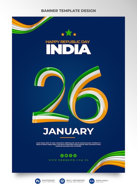 PSD banner happy republic day indien template design 3d-rendering