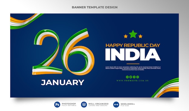 PSD banner happy republic day indien template design 3d-rendering