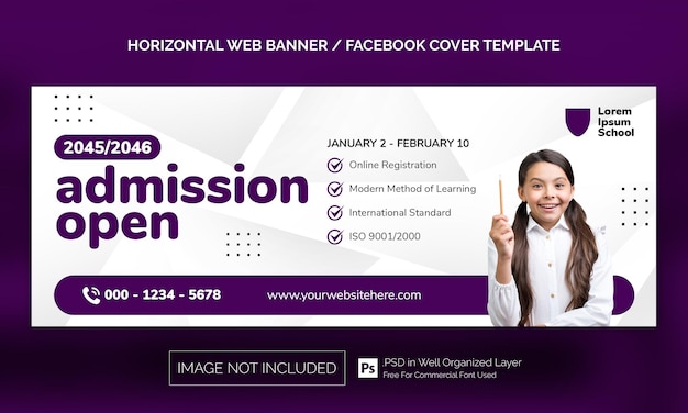 Banner horizontal de admisión de regreso a la escuela mínimo simple o plantilla de publicidad de portada de facebook