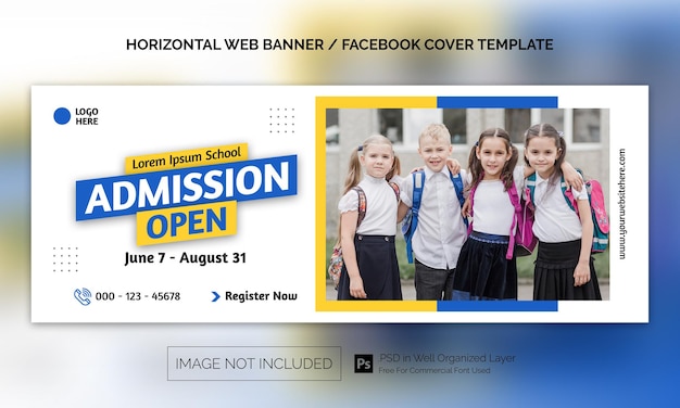 Banner horizontal de admisión de regreso a la escuela mínimo simple o plantilla de publicidad de portada de Facebook