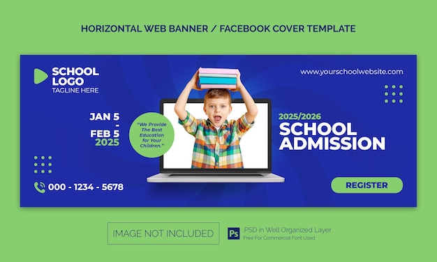 Banner horizontal de admisión de regreso a la escuela o plantilla de publicidad de portada de facebook