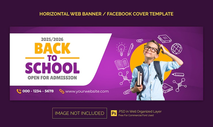 PSD banner horizontal de admissão de volta às aulas ou modelo de publicidade na capa do facebook