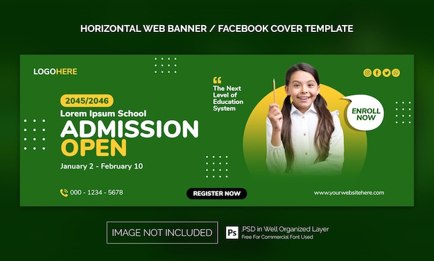 Banner horizontal de admissão mínima de volta às aulas simples ou modelo de publicidade de capa do Facebook