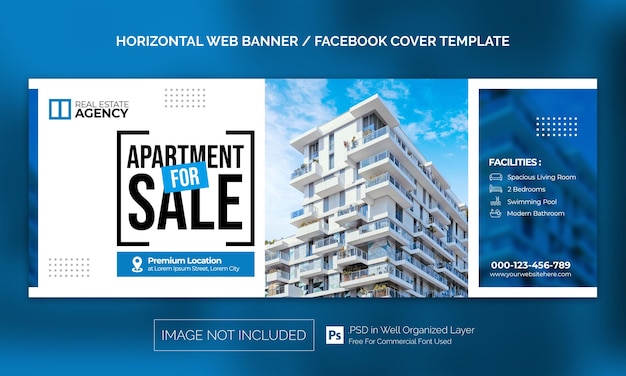 Banner horizontal de propriedade imobiliária ou modelo de publicidade de capa do facebook