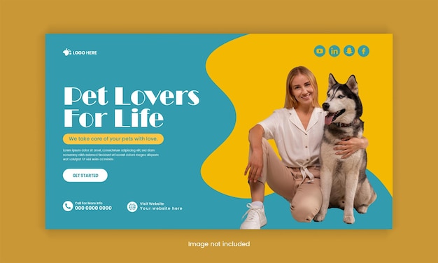 Banner horizontal para cuidados e cuidados com animais de estimação ou banner de redes sociais para a venda de alimentos e produtos para animais de companhia