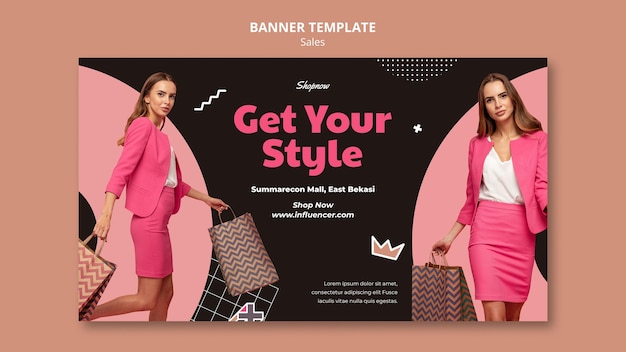 PSD banner horizontal para vendas com mulher de terno rosa