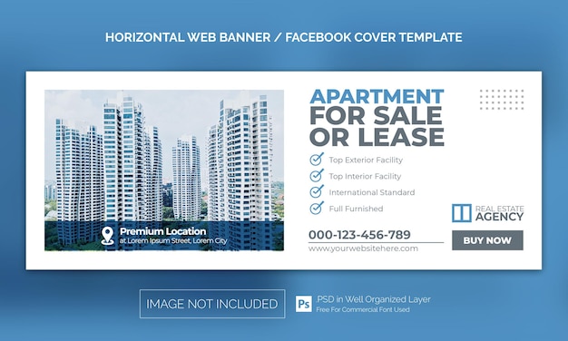 Banner horizontal de propiedad de la casa de bienes raíces o plantilla de publicidad de portada de Facebook