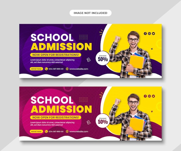 Banner horizontal simple y mínimo de admisión escolar o educación o plantilla de portada de Facebook