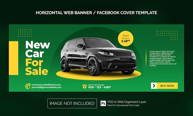 Banner horizontal de venta de alquiler de coches o plantilla de publicidad de portada de facebook