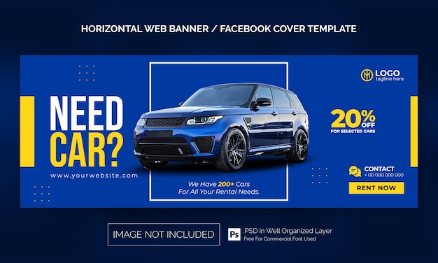 Banner horizontal de venta de alquiler de coches o plantilla de publicidad de portada de facebook