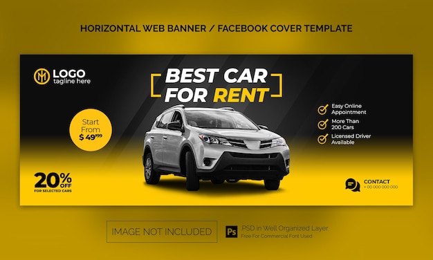 Banner horizontal de venta de alquiler de coches o plantilla de publicidad de portada de Facebook