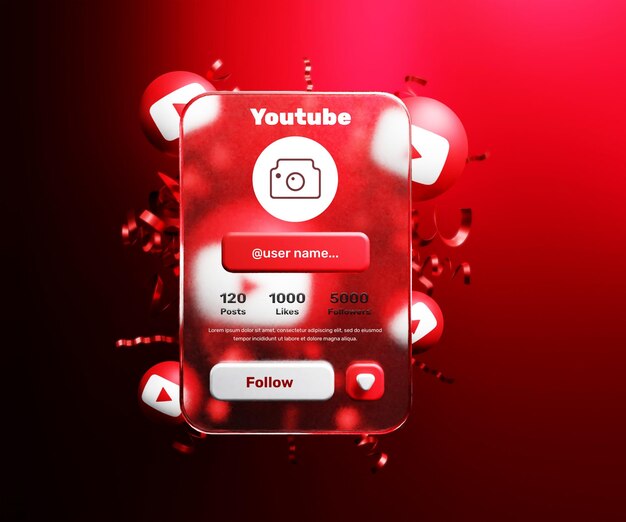 PSD banner de información de perfil de redes sociales de youtube con efecto de morfismo de vidrio