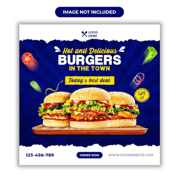 Banner de instagram de comida promocional de hamburguesas calientes y deliciosas o plantilla de publicación de redes sociales