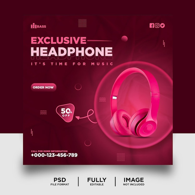 PSD banner de instagram de redes sociales de producto de marca de auriculares de color rosa
