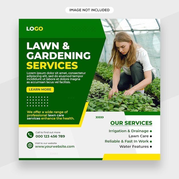 Banner de instagram de servicio de jardín de césped o publicación en redes sociales o plantilla de portada de facebook