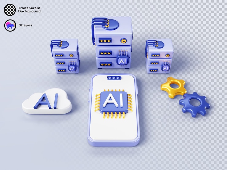 PSD banner de inteligencia artificial renderizado en 3d concepto de tecnologías de innovación servidores de datos de computadoras teléfono móvil con aplicación de chip de ia en la pantalla engranajes de computación en nube en fondo azul