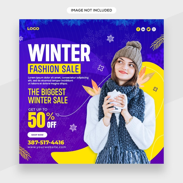 PSD banner de invierno, plantilla de banner de venta con tipografía con elementos de invierno