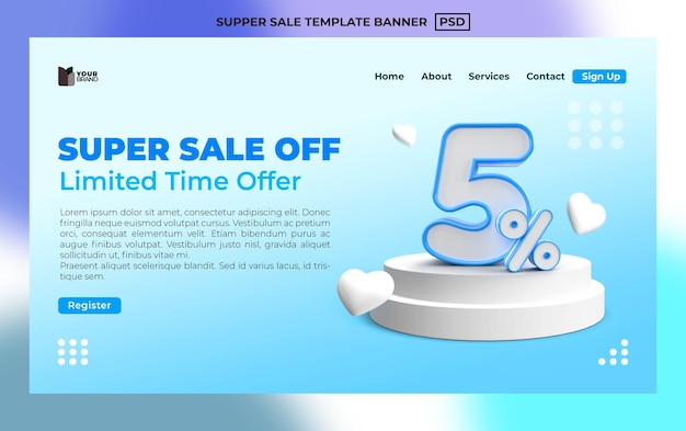 banner landing page sconto numero 5 percentuale colore blu, rendering 3D per affari, prodotto in vendita