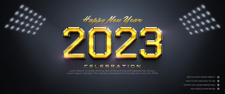 PSD banner de lujo 2023 con efecto de texto 3d estilo dorado editable