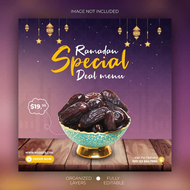 Banner de menú de comida especial de Ramadán y plantilla de publicación en redes sociales de Instagram