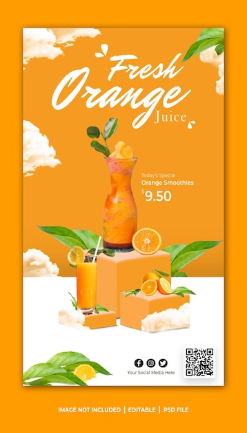 PSD banner de menú de jugo de naranja psd para restaurante de promoción de redes sociales