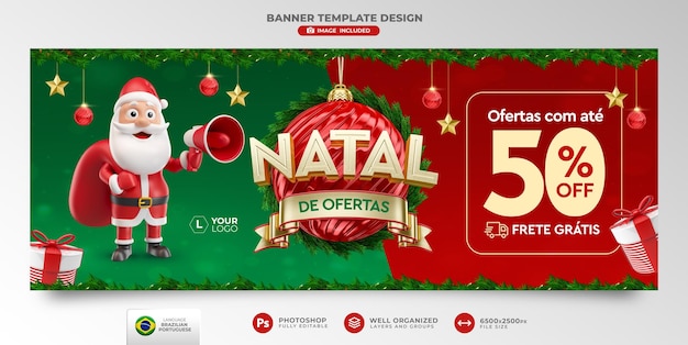 Banner Merry Christmas Angebot in portugiesisch 3D-Render-Vorlage-Design