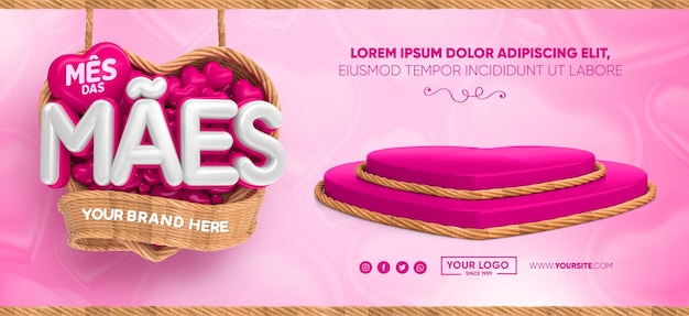 Banner mês das mães no brasil 3d render template design cesta de coração